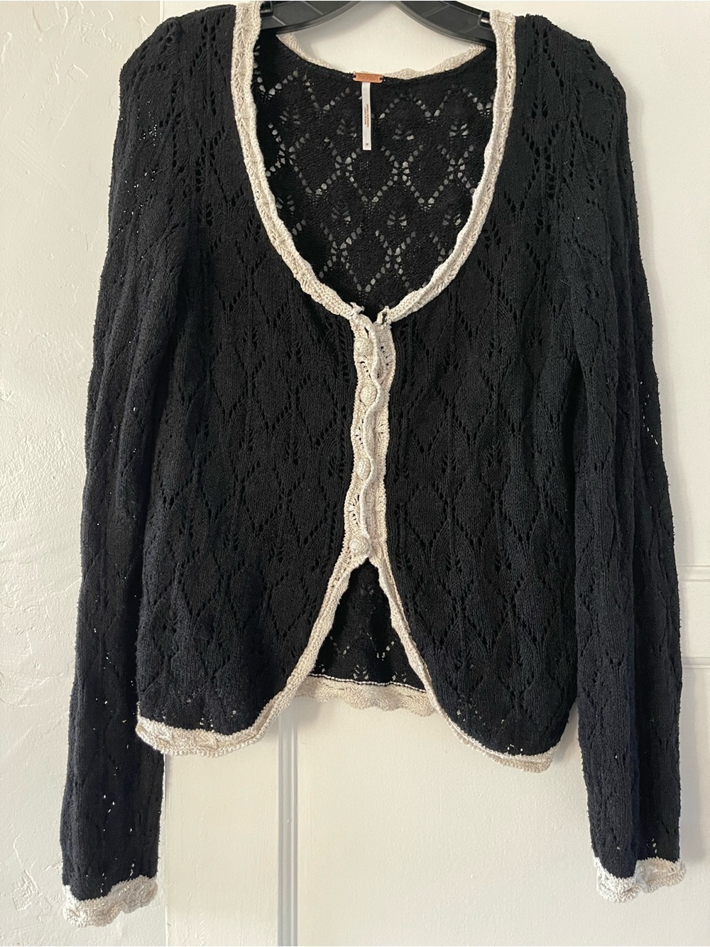 Free People Adelene Black Open-Knit Cardigan with Cream Trim - Picture 2 of 7